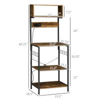 HOMCOM Kitchen Bakers Rack with Power Outlet, USB Charger, Microwave Stand, Coffee Bar with Adjustable Shelves, 5 Hooks for Spices, Pots and Pans, Rustic Brown(m-3)