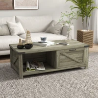 HOMCOM Farmhouse Coffee Table with Storage and Drawer, Rustic Coffee Table for Living Room, Open Shelf, Gray Oak(m-2)