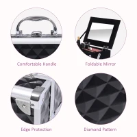 HOMCOM 3 Tier Diamond Texture Makeup Train Case Cosmetic Organizer with Mirror, Black(m-5)