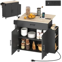 HOMCOM Kitchen Island with Storage, Rolling Kitchen Cart with Foldable Drop Leaf, Power Outlet and USB Ports, Black(m-9)