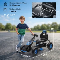 Aosom Kids Pedal Go Kart Ride-on Toy with Ergonomic Comfort, Pedal Car with Tough, Wear-Resistant Tread, Go Cart Kids Car for Boys & Girls with Suspension System, Safety Hand Brake, Ages 5-12, Blue(m-3)