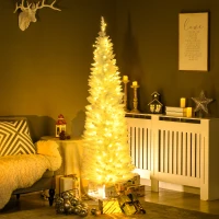 HOMCOM 6ft Pencil Christmas Tree, Slim Artificial Christmas Tree with Realistic Branches and Warm White LED Lights, White(m-10)