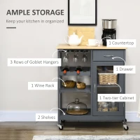 HOMCOM Rolling Kitchen Island with Storage, Kitchen Cart with 4-bottle Wine Rack, Bar Cart with Stemware Holder, Shelves, Drawer and Cabinet, Gray(m-4)