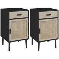 HOMCOM Boho Bedside Tables Set of 2, Nightstands with Drawer, Rattan Cabinet, Adjustable Shelf for Bedroom, Living Room, Black(m-9)
