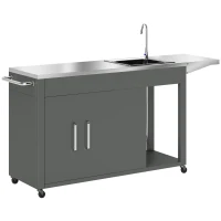 Outsunny Outdoor Grill Table with Stainless Steel Sink and Drainage, Grill Cart with Foldable Side Table and Cabinet, Outdoor Kitchen Island with Wheels, Dark Gray(m-1)