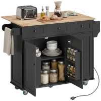 HOMCOM Kitchen Island on Wheels with Drop Leaf, Charging Station, Rolling Kitchen Cart with Wood Top, Adjustable Shelf, Black(m-2)