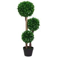 HOMCOM 3ft Artificial Tree, Triple Ball Boxwood Topiary with Pot and Sandalwood Leaves, for Indoor Outdoor Home(m-9)