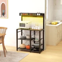 HOMCOM Industrial Kitchen Bakers Rack with Charging Station, RGB Lights, Glass Holders and Open Shelves, Gray(m-2)