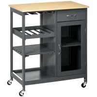 HOMCOM Rolling Kitchen Island with Storage, Kitchen Cart with 4-bottle Wine Rack, Bar Cart with Stemware Holder, Shelves, Drawer and Cabinet, Gray(m-1)