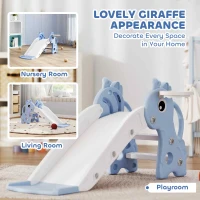 Qaba 3 in 1 Toddler Slide for Age 1-3, Kids Slide with Climber, Basketball Hoop and Ball, Giraffe Design, Blue(m-5)