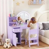 Qaba Kids Vanity Set, Toddler Dressing Table and Chair Set  with Lighted Mirror, Cabinet, Drawer and Shelves, Purple(m-1)