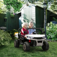 Aosom 12V Ride on Car with Electric Bucket, Two-Seater, Shovel, Remote Control, Spring Suspension, Horn, Music, White(m-8)