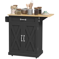 HOMCOM Foldable Kitchen Island with Storage Drawer, Farmhouse Rolling Utility Cart on Wheels with Drop-Leaf Wood Top, Black(m-2)