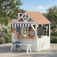 Qaba Outdoor Playhouse, Wooden Kids Playhouse with Dog Door, Cookware, Blackboard, Bench, Doorbell for Ages 2+(m-1)