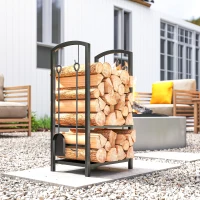 Outsunny 2-Tier Firewood Log Rack with 4 Tools, Fireplace Wood Storage Holder with Shovel, Broom, Poker, Tongs and Hooks, Black(m-9)