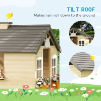 Outsunny Outdoor Playhouse, Wooden Kids Playhouse with Working Door, Windows, Bench, Service Station, Flower Pot Holder, Cottage Play House for 3-7 Years Old Pretend Play, Natural(m-6)