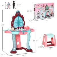 Qaba Kids Vanity Set with Self-Opening Magic Mirror, Princess Makeup Vanity Table Set with Music, Tabletop with Lights, Imaginative Toy for 3-6 Years Old Child(m-3)