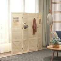 HOMCOM 4.7' 4 Panel Wooden Room Divider with Pegboard Display, Folding Privacy Screen for Home Office, Natural(m-9)
