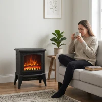 HOMCOM Electric Fireplace Heater, Freestanding Fireplace Stove with Realistic Flame Effect, Overheat Safety Protection, 750W/1500W, Black(m-9)