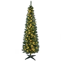 HOMCOM 7' Pre Lit Artificial Pencil Christmas Trees, Xmas Tree with Realistic Branches and Warm White LED Lights, Green(m-9)