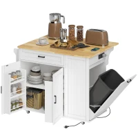 HOMCOM Kitchen Island Cart, Portable Kitchen Island Table with Charging Station, Rubber Wood Drop Leaf, Trash Storage, White(m-9)