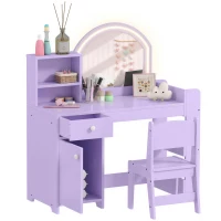 Qaba Kids Vanity Set, Toddler Dressing Table and Chair Set  with Lighted Mirror, Cabinet, Drawer and Shelves, Purple(m-13)