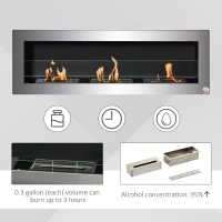 HOMCOM Ethanol Fireplace, 47.25" Wall-Mount 0.3 Gallon Steel 215 Sq Ft., Burns up to 3 Hours, Silver(m-5)