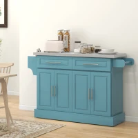 HOMCOM Rolling Kitchen Island with Stainless Steel Top, 2 Drawers, Spice, Knife and Towel Rack and Cabinets, Teal Blue(m-10)