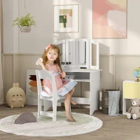 Qaba 2 in 1 Kids Vanity Set Makeup Dressing Table Pretend Play Set with Tri-Folding Mirror, Stool, Storage Shelf(m-1)