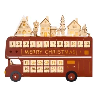 HOMCOM Christmas Advent Calendar, Light Up Table Xmas Wooden Bus Holiday Decoration with Countdown Drawer, Santa Claus Street House, for Kids and Adults(m-1)