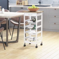 HOMCOM Mobile Kitchen Cart, Rolling Kitchen Island with Storage, Solid Wood Frame Utility Cart with Wire Fruit Baskets and Drawer, White(m-10)