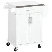 HOMCOM Kitchen Island on Wheels, Rolling Kitchen Cart with Stainless Steel Countertop, Drawer, Towel Rack and Spice Rack, Utility Storage Trolley, White(m-11)