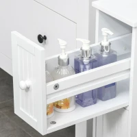 kleankin Slim Bathroom Cabinet, Freestanding Storage Cabinet, Toilet Paper Holder with Two Drawers, Side Towel Rack, and Wheels, 7 x 20.5 x 24.75 Inches, White(m-8)