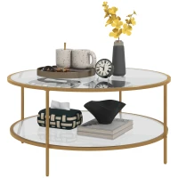 HOMCOM Side Table with Storage, 36" Round End Table, 2-Tier Tempered Glass Coffee Table with Steel Frame for Living Room, Gold(m-1)