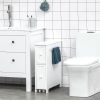 kleankin Slim Bathroom Cabinet, Freestanding Storage Cabinet, Toilet Paper Holder with Two Drawers, Side Towel Rack, and Wheels, 7 x 20.5 x 24.75 Inches, White(m-2)