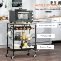 HOMCOM Rolling Kitchen Cart, 3-Tier Utility Storage Trolley with Wine Rack, Mesh Drawer and Side Hooks for Dining Room, Black/Natural(m-5)