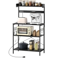 HOMCOM Kitchen Baker's Rack with Power Outlet, Coffee Bar Station with Adjustable Shelves and Hooks, Distressed Black(m-2)