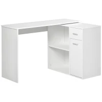 HOMCOM L Shaped Computer Desk, 180° Rotating Corner Desk with Storage Shelves, Drawer and Cabinet, Study Workstation, White(m-1)