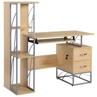 HOMCOM Modern Computer Desk with 4-Tier Bookshelf, Home Office Writing Table Workstation with Tower Storage Shelves Keyboard Tray & Lockable Drawers, Natural(m-1)