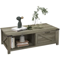 HOMCOM Farmhouse Coffee Table with Storage and Drawer, Rustic Coffee Table for Living Room, Open Shelf, Gray Oak(m-1)