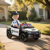 Qaba Kids Electric Ride on Police Car with Remote Control, Sirens, Flashing Lights, Music, Horn, Shock Absorbers, White(m-8)