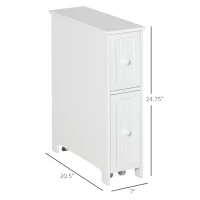 kleankin Slim Bathroom Cabinet, Freestanding Storage Cabinet, Toilet Paper Holder with Two Drawers, Side Towel Rack, and Wheels, 7 x 20.5 x 24.75 Inches, White(m-3)