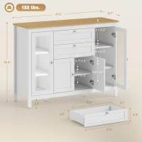 HOMCOM 47" Sideboard, Buffet Cabinet with Rubber Wood Top, Glass Door, Kitchen Coffee Bar Cabinet with Drawers, Adjustable Shelving for Living Room, White(m-3)