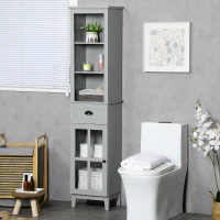kleankin Slim Bathroom Storage Cabinet Door & Shelves Linen Tower, Gray(m-2)