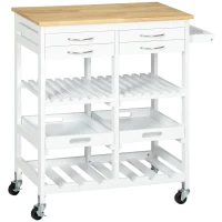 HOMCOM Kitchen Island with Storage, Bar Cart with 6-Bottle Wine Rack, Kitchen Cart with Natural Wood Top, 4 Drawers, 2 Removable Tray for Dining Room, Living Room, White(m-2)