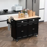 HOMCOM Kitchen Island with Storage, Rolling Kitchen Island with Drop Leaf, Rubber Wood Top and Adjustable Shelves, Black(m-8)
