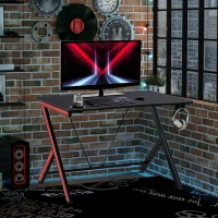 HomCom 41 inch Gaming Computer Desk, Home Office Gamer Table Workstation with Cup Holder, Headphone Hook, Cable Management, Carbon Fiber Surface(m-10)
