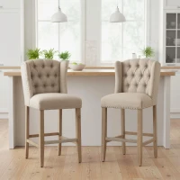 HOMCOM Counter Height Bar Stools Set of 2, 27" Seat Height Upholstered Barstools, Farmhouse Kitchen Island Stools with Nailhead-Trim, Tufted Back and Wooden Legs, Beige(m-2)