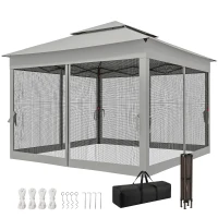 Outsunny 11' x 11' Pop Up Gazebo 2-Tier Soft Top Shelter Event Tent w/ Netting Carry Bag for Patio Backyard Garden, Light Grey(m-2)