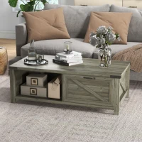 HOMCOM Farmhouse Coffee Table with Storage and Drawer, Rustic Coffee Table for Living Room, Open Shelf, Gray Oak(m-10)